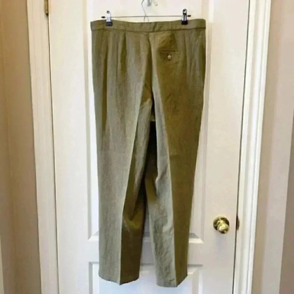 Vintage Linen Trousers High Rise Relaxed Fit Pleated Pants Olive Green Size 14 - Picture 5 of 15